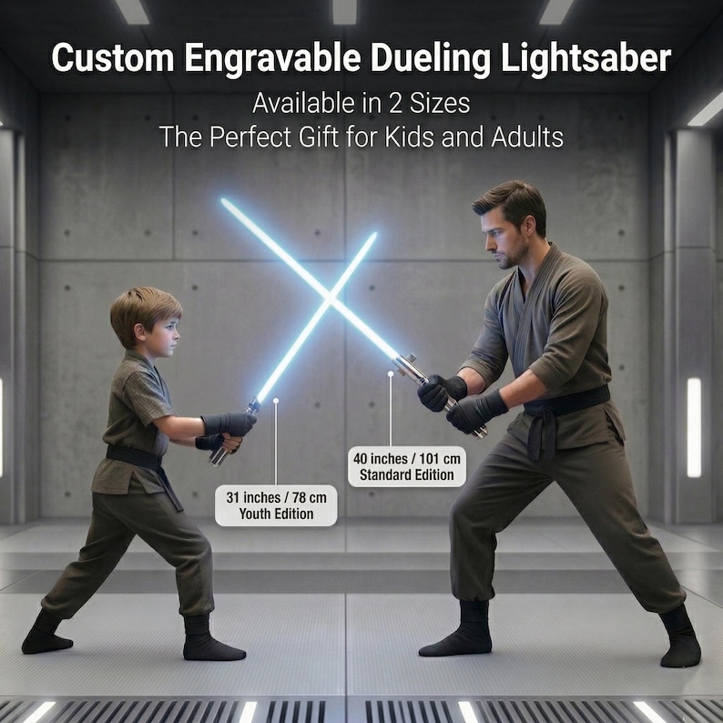 Puede incluir: Sable de luz de duelo personalizable y grabable disponible en dos tama&ntilde;os. La edici&oacute;n Youth mide 78 cm y la edici&oacute;n Standard mide 101 cm. Ambos cuentan con empu&ntilde;aduras met&aacute;licas y hojas azules brillantes sostenidas por dos personas con ropa oscura.