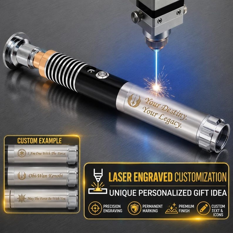 Puede incluir: Una empu&ntilde;adura de sable de luz de metal plateado y negro con una m&aacute;quina de grabado l&aacute;ser marcando el texto Your Destiny. Your Legacy. en el lateral. La empu&ntilde;adura tiene un agarre estriado, un bot&oacute;n de encendido circular y acabado met&aacute;lico.