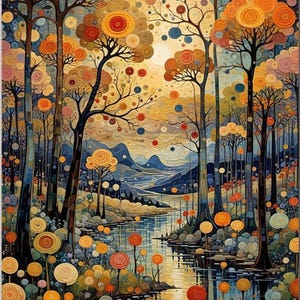 Abstract Forest at Sunset Canvas Art – Colorful Trees & Lake Reflection Modern Wall Decor - Gustav Klimt Style Poster