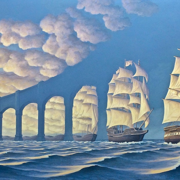 Sun Sets Sail di Rob Gonsalves, stampa su tela, poster surrealista, decorazione da parete ispirata al realismo magico di Gonsalves per casa e ufficio, pronta da appendere.