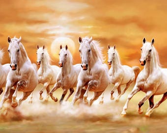 Seven Running Horses Canvas Wall Art, 7 Horses Poster Print, Vastu Animal Painting for Home & Office Decor | CANVAS or POSTER Ready to Hang