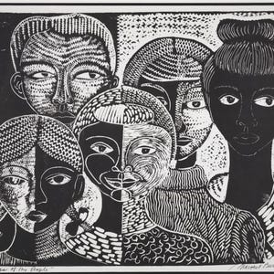 May include: Black and white print titled "The Faces of My People" featuring six stylized faces. The faces have detailed linework, with varying patterns and textures. The artwork is signed and dated.