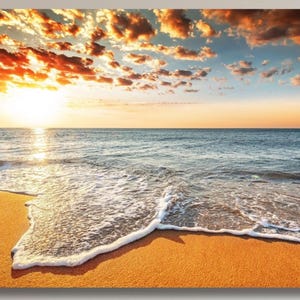 Lebendige Strand Sonnenuntergang Leinwand, Orange Himmel Ozean Wandkunst, Küsten Sonnenaufgang Dekor, Meer Fotografie Poster Geschenk