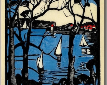 Margaret Preston Sydney Heads Canvas Art, Australian Modernist Woodcut Print, Vintage Harbour Wall Decor