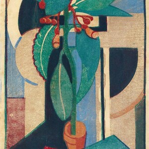 May include: An abstract art print featuring a potted plant with large green leaves and red berries. The artwork uses geometric shapes and a muted color palette of blue, green, red, and beige. The title "The Pot-Plant" is visible.
