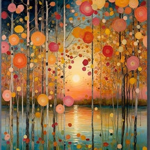 Abstract Forest at Sunset Canvas Art – Colorful Trees & Lake Reflection Modern Wall Decor - Gustav Klimt Style Poster
