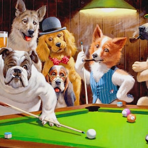 Puede incluir: Una ilustración caprichosa de perros jugando al billar. Los perros visten varios atuendos, incluyendo un bombín, una pajarita y un chaleco. Un bulldog apunta con un taco de billar. La escena está ambientada en una habitación con poca luz y una mesa de billar.