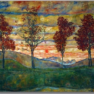 Egon Schiele Four Trees Canvas Art, Austrian Expressionism Landscape Print, Autumn Sunset Wall Decor