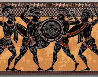 Ancient Greek Hoplite Canvas Print, Black Figure Spartan Warrior Wall Art, Classic Phalanx Poster, Mythology History Decor Gift