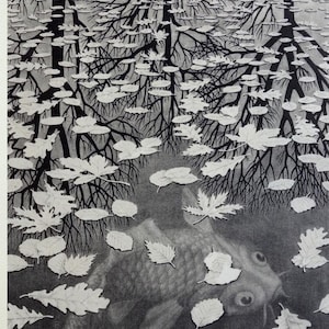 MC Escher Drei Welten Leinwand Wandkunst, Naturreflexion & Koi Fisch Lithographie-Druck