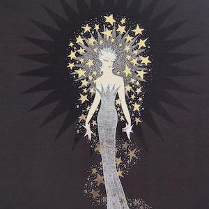 May include: Illustration of a woman in a silver gown with a starburst halo of gold stars on a black background. The woman has a silver headpiece and white gloves. The artwork has an art deco style.