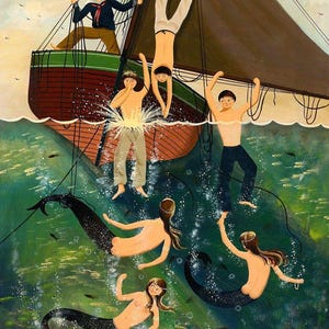 Puede incluir: Una pintura caprichosa representa un velero con figuras interactuando con sirenas bajo el agua. Un marinero con chaqueta azul marino y chistera está en el barco. Varias figuras están en el agua, algunas con sirenas. La obra tiene un estilo vintage.