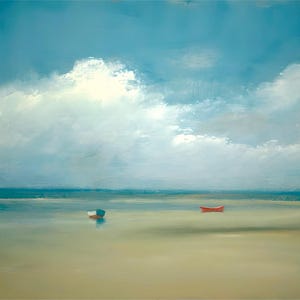 May include: An oil painting depicts a serene seascape with a vast sky filled with fluffy white clouds. Two small boats, one red and one blue and white, float on the calm water. The painting uses a muted color palette of blues, greens, and beige, creating a tranquil atmosphere.
