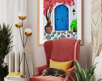Blaue Tür Bougainvillea Druck, Mediterran Küsten Kunst (Digitaler Download)