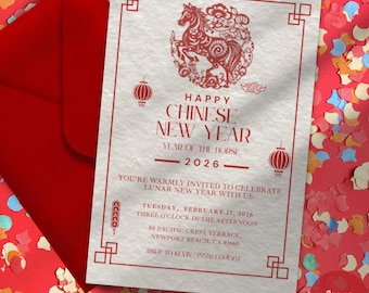 Chinese New Year Invitation Template, 2026 Year of the Horse invite card, Canva Editable, CNY