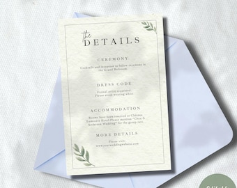 Sage Green Wedding Details Card Template | Greenery Information Card | Canva Editable | Printable Insert Cards