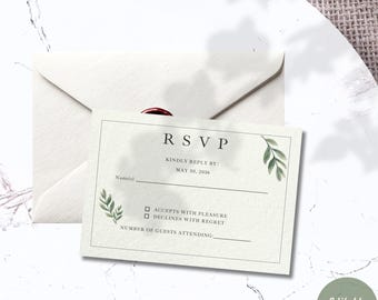 Plantilla de tarjeta de confirmación de asistencia para boda / Correo + QR RSVP / Editable en Canva / Imprimible con vegetación + Digital / Verde oliva