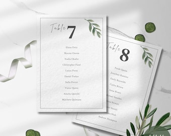 Greenery Seating Chart Cards Template | 5x7 Table Assignment + Find Your Seat | Ever After Olive