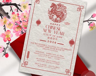 Plantilla de tarjeta de invitación bilingüe para el Año Nuevo Chino Lunar del Caballo 2026 (CH + EN, Canva, CNY)