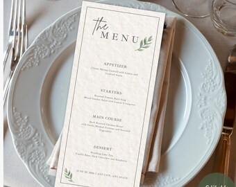 Modelo de Menu de Casamento | Editável no Canva | Cartão de Menu para Recepção | Imprimível | Minimalista com Folhagens | Ever After Olive