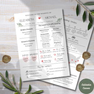 Könnte beinhalten: Zwei Hochzeitsinformationsblätter mit floralem Design. Das linke Blatt listet die Hochzeitsgesellschaft, die Eltern und die wichtigsten Daten auf. Das rechte Blatt zeigt eine Zeitleiste und eine Karte. Der Text enthält Namen, Daten und Orte.