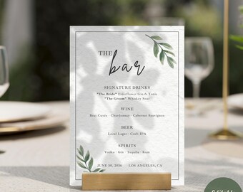 Bar Menu Template |Spring Wedding | Canva Editable | Minimal Olive Greenery | Ever After Olive