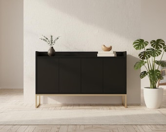 Aparador minimalista preto e azul com amplo espaço de armazenamento para organização de casas modernas.
