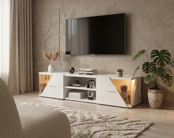 Modern Glossy White TV Stand with LED Lighting – Contemporary Living Room Furniture