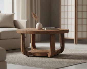 Mesa de centro redonda rústica con tablero de madera y estante inferior para espacios acogedores.