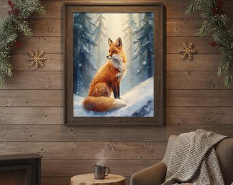 Lámina artística de zorro invernal: decoración de cabaña en un bosque nevado (descarga digital)