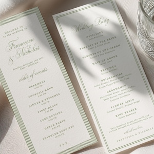 May include: Elegant wedding stationery featuring two menu cards and a decorative glass. The cards have a light green border and include the names "Francesca & Nicholas" and the wedding details. The glass is clear with a detailed pattern.