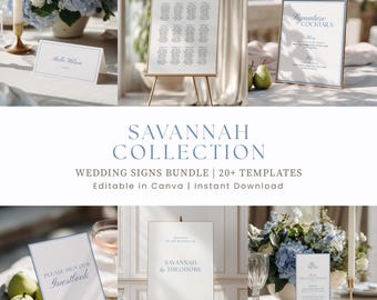 Könnte beinhalten: Eine Sammlung von Hochzeitsschildern in Hellblau und Weiß. Die Schilder umfassen Sitzpläne, Cocktailkarten, Gästebuchaufforderungen und Willkommensschilder. Der Text "SAVANNAH COLLECTION" wird zusammen mit "WEDDING SIGNS BUNDLE | 20+ TEMPLATES" angezeigt.
