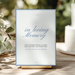 Op de afbeelding: Een rechthoekig herdenkingsbord met een blauwe rand op een gouden standaard. De tekst luidt: in loving Memory, Great Grandma Dolores, Grandpa Jack, Aunt Sally, Our Friend Nadia, WE LOVE AND MISS YOU FOREVER, en de initialen S | T onderaan.