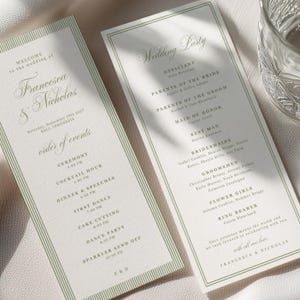 Elegant Wedding Program Card, Sage Green Border & Stripes, Francesca Collection (Digital Download)