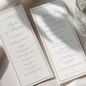 May include: Two off-white wedding program cards with blue text and a double-line border. The left card lists the wedding of Amelia & Sebastian, September 19th, 2027, and a timeline of events. The right card lists the wedding party and participants.