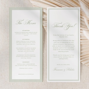Wedding Menu and Thank You Card Bundle, Sage Green Stripes (Digital Download)