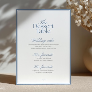 May include: A rectangular white menu card with a blue border and blue text that reads The Dessert Table, Wedding cake, Vanilla bean cake with raspberry compote, chocolate truffle cake, and Italian meringue buttercream, Her favorite, Coconut macaroons, Lemon meringue tartlets, His favorite, Espresso chocolate brownies, Oreo cheesecake bites, and the initials S T.