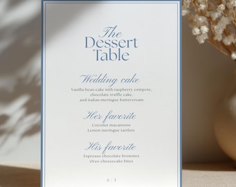 Elegante plantilla para menú de postres de boda, azul suave (descarga digital)