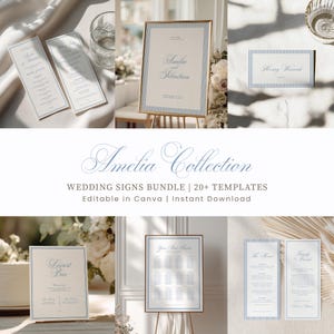 Pode incluir: Uma coleção de sinais e papelaria de casamento com um design suave e elegante. Os itens incluem cartões de menu, cartões de lugar e uma placa de boas-vindas, todos com uma borda listrada azul e branca e uma escrita delicada. O texto "Amelia Collection" é exibido em uma fonte graciosa.