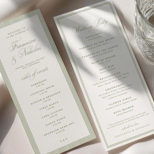 Elegante tarjeta para el programa de la boda, borde y rayas verde salvia, colección Francesca (descarga digital).