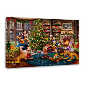 May include: A festive Christmas scene featuring Mickey Mouse, Minnie Mouse, Donald Duck, and other Disney characters gathered around a decorated Christmas tree. The artwork includes a fireplace, bookshelves, and a cozy living room setting.