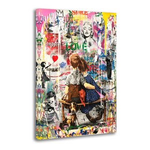 May include: A vibrant, multi-layered artwork featuring a collage of images and graffiti-style elements. The central focus is on two children embracing, with a dog at their feet. Marilyn Monroe and other figures are also depicted.