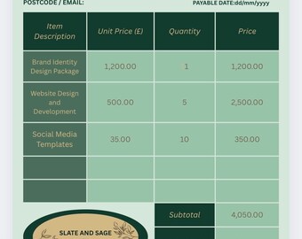 Luxe saliegroen en goud canvas enkele professionele factuursjabloon | Bewerkbare freelancefactuur