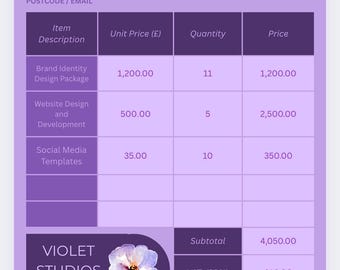 Pastelviolet paars bewerkbaar canvas factuursjabloon