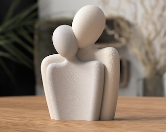 3D Printed Couple Hug Sculpture – Minimalist Textured White Figurine