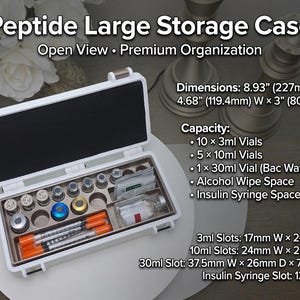 May include: A white rectangular peptide large storage case with an open lid, featuring internal compartments for vials and syringes. Text includes: Peptide Large Storage Case, Open View, Premium Organization, and dimensions of 8.93" L x 4.68" W x 3" H.