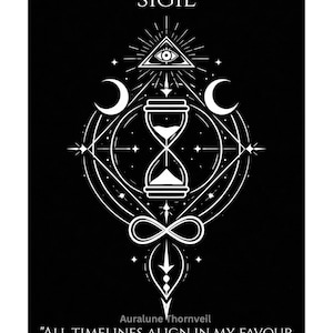 May include: Black and white sigil design with the text "TIMELINE SHIFTING SIGIL." The design includes an hourglass, crescent moons, an eye within a triangle, and other geometric shapes. The text "ALL TIMELINES ALIGN IN MY FAVOUR AS I ENTER THE REALITY THAT ACCELERATES MY EVOLUTION." is also present.