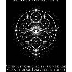 May include: A black and white graphic with the text "SIGIL OF SACRED SYNCHRONICITIES" and a detailed circular design. The design includes an eye at the center and a quote: "EVERY SYNCHRONICITY IS A MESSAGE MEANT FOR ME. I AM OPEN, ATTUNED, AND GUIDED BY COSMIC INTELLIGENCE." ~Auralune Thornveil.