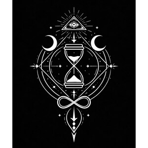 Peut inclure: Graphisme noir et blanc avec un sablier, des croissants de lune, des étoiles et un œil dans un triangle. Le design comprend un symbole infini et le texte "Auralune Thornveil" en bas. Thème mystique et céleste.