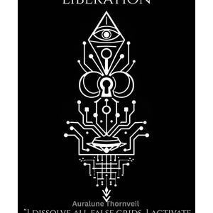 May include: Black and white graphic with the text "SIGIL OF MATRIX LIBERATION" at the top. A complex white design is centered, featuring geometric shapes, an eye, and a keyhole. The text "Auralune Thornveil" and a quote are at the bottom.